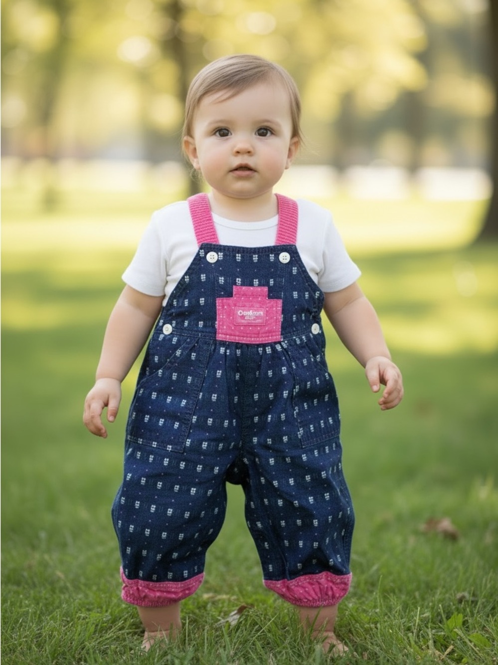 OshKosh B'gosh vintage Navy and Pink Pocket dainty flower overalls 18m a-44